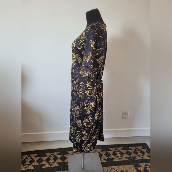 Formal Elegant Midi Dress Church Gold Black Half Sleeve Waist Tie Modest 2XL - Picture 3 of 10